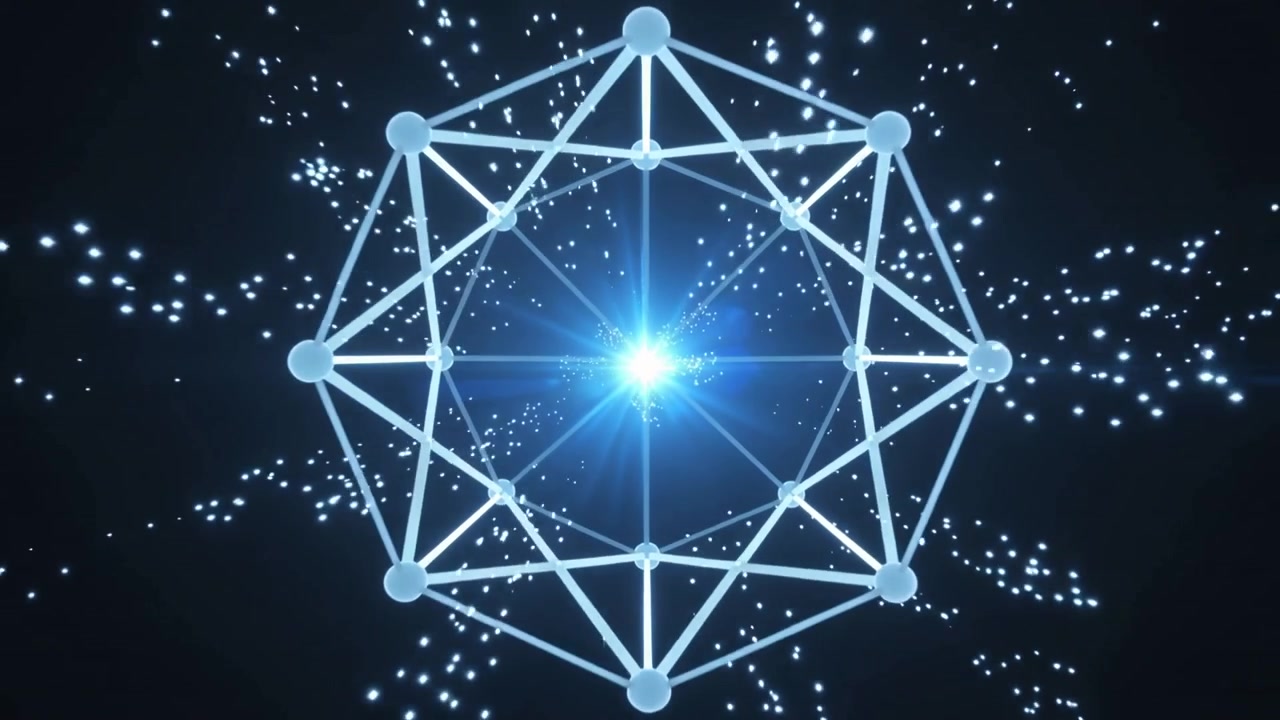 Emettendo luce blu, un nucleo centrale che emette scintille e forma un reticolo attorno al nucleo nel vuoto oscuro.