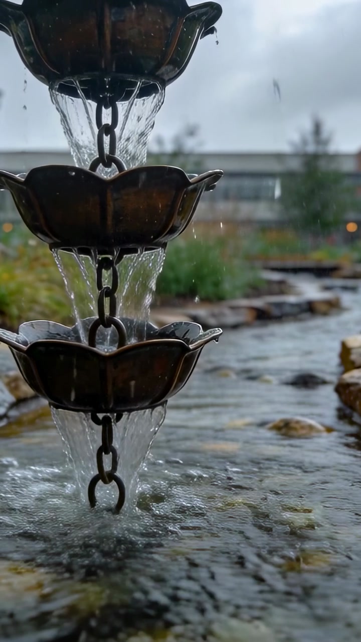 Vertical video: Flowing metal rain chain sending streams into pond from gutter, forming ripples