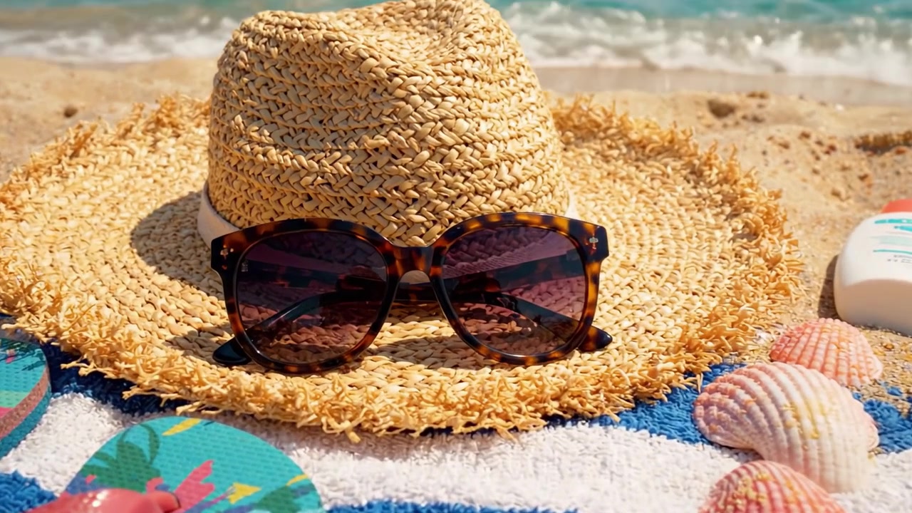 Vibe de Praia: Essenciais de Verão para Relaxar Apresentando Óculos de Sol, Chapéu de Sol e Toalha de Praia na Areia com Ondas Suaves ao Fundo