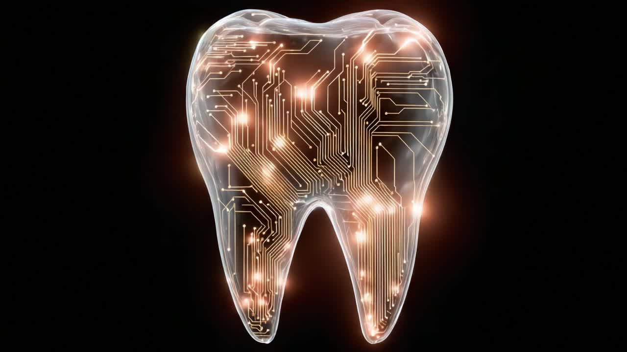 A Stunning Visualization of a Tooth Integrated with Futuristic Circuitry, Showcasing the Blend of Dental Health and Technology in a Captivating Display of Light and Design