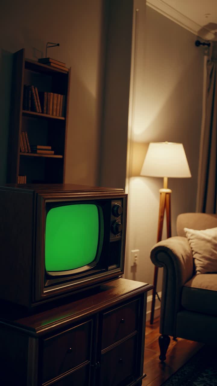 TV vintage con schermo verde in un accogliente salotto, ripresa da un'angolazione bassa