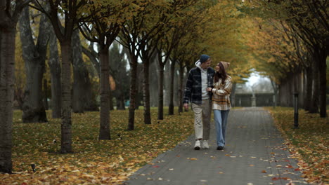 cheerful lovers walking happily along alley in foliage park