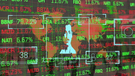 animación digital de iconos de perfiles múltiples y procesamiento de datos del mercado de valores sobre el mapa del mundo