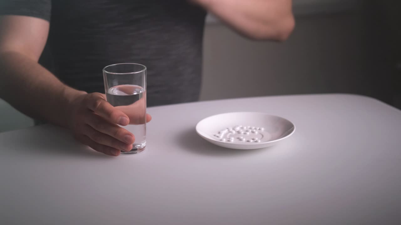 las manos tomar una píldora de un plato lleno de medicamentos, a continuación, tomar un vaso de agua por la noche en la cocina. persona irreconocible