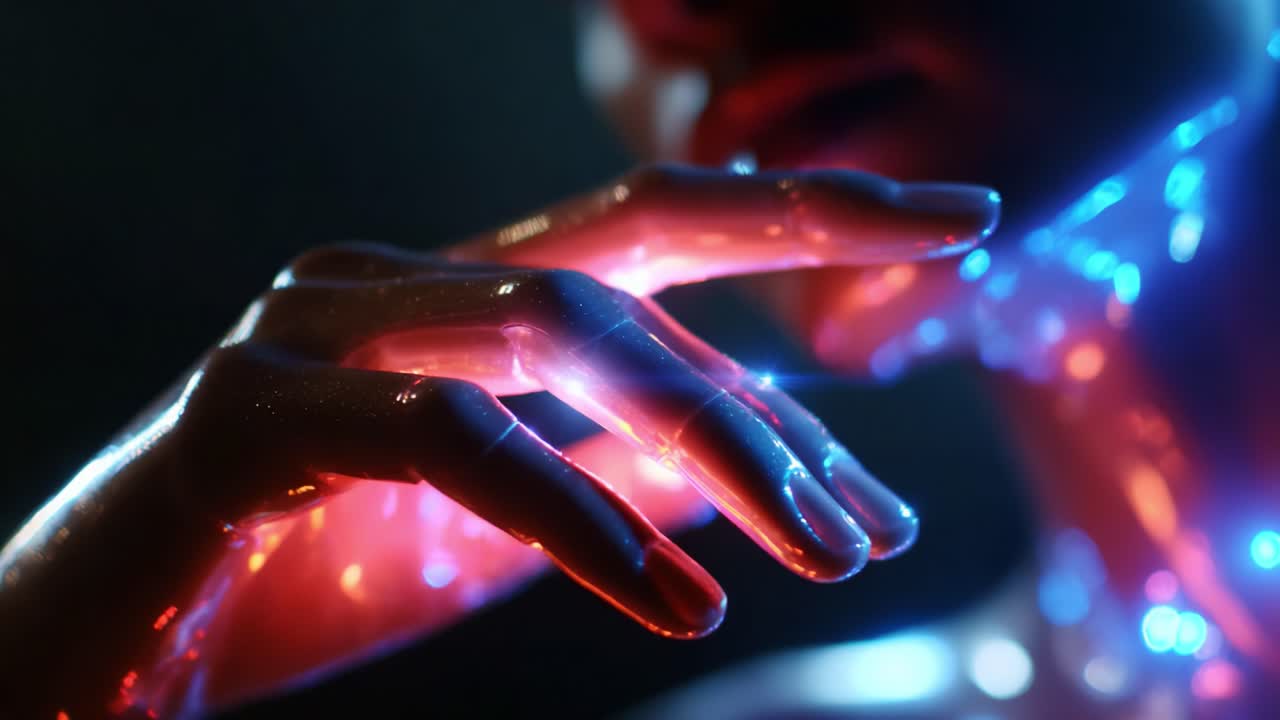 A captivating close-up of a futuristic hand adorned with vibrant neon lights, showcasing the interplay of technology and artistry in a mesmerizing display of colors and textures that evoke a sense of wonder
