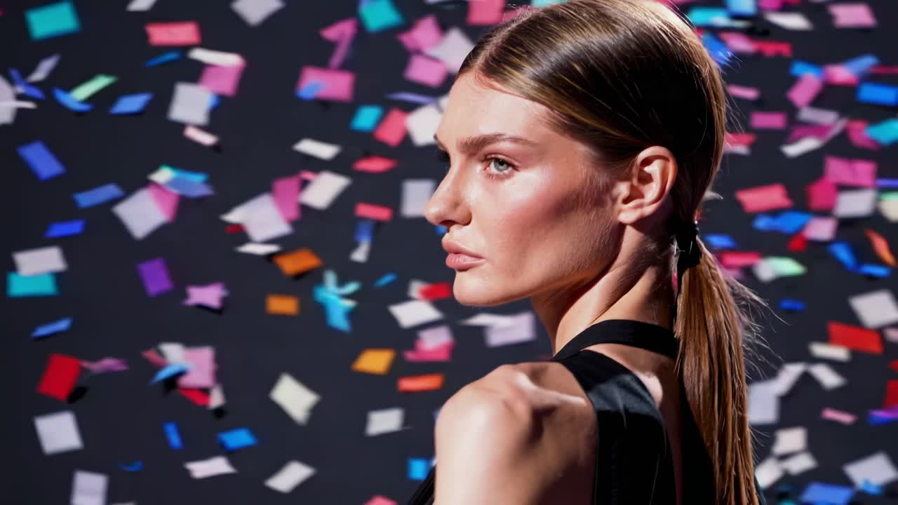Dramatic confetti falling around glamorous model walking confidently down runway in sleek black dress during high profile fashion show