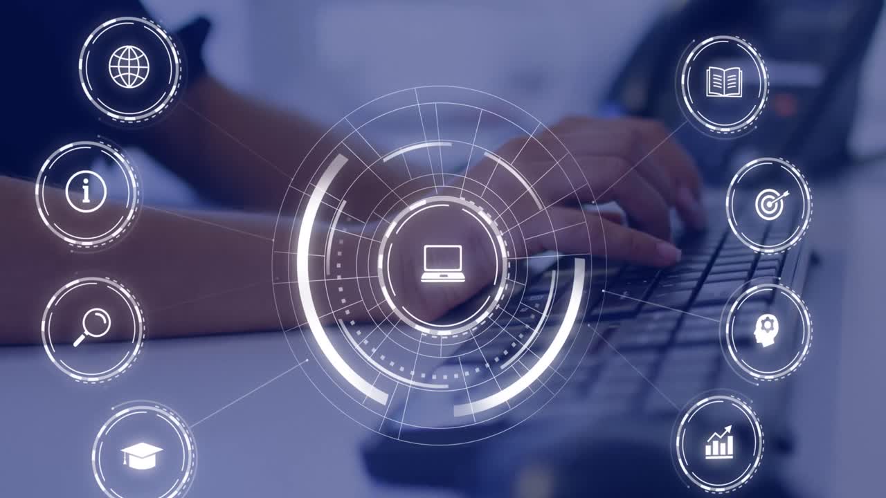 animación de iconos educativos que caen sobre una persona que usa una computadora portátil