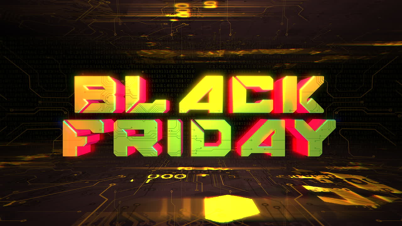 네온 불빛이 있는 마더보드의 검은 금요일