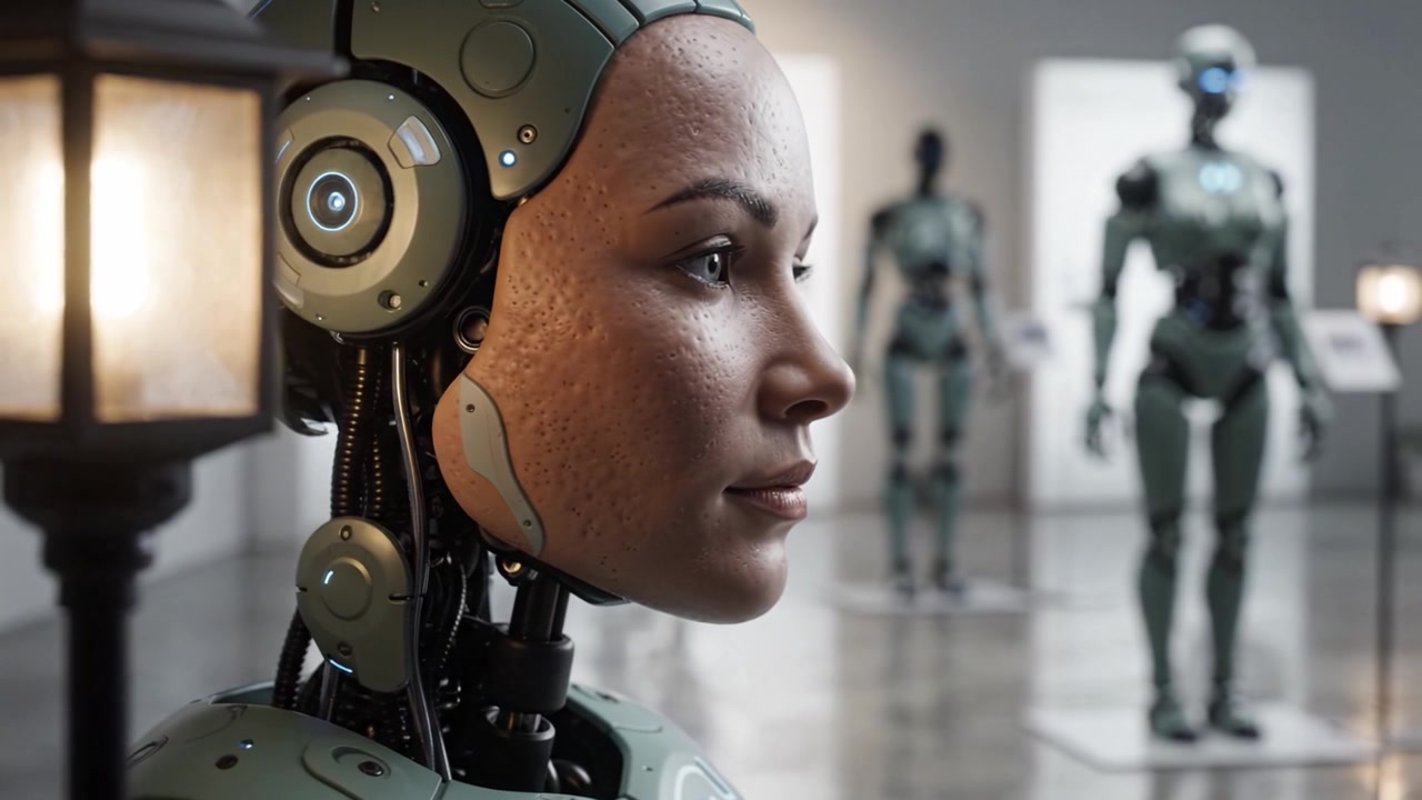 Exploring the Future of Robotics: A Close-Up View of a Realistic Android in a Modern Exhibition Space with Other Humanoid Robots Displayed