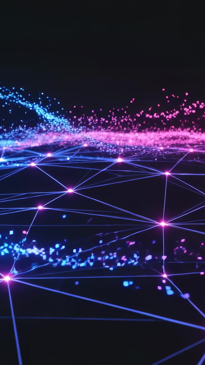 Vertical video: Shifting camera showing pulsing grid with pink nodes and blue-pink streams as data