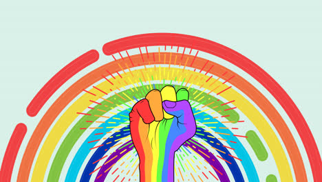 animation of rainbow coloured fist over rays and rainbow