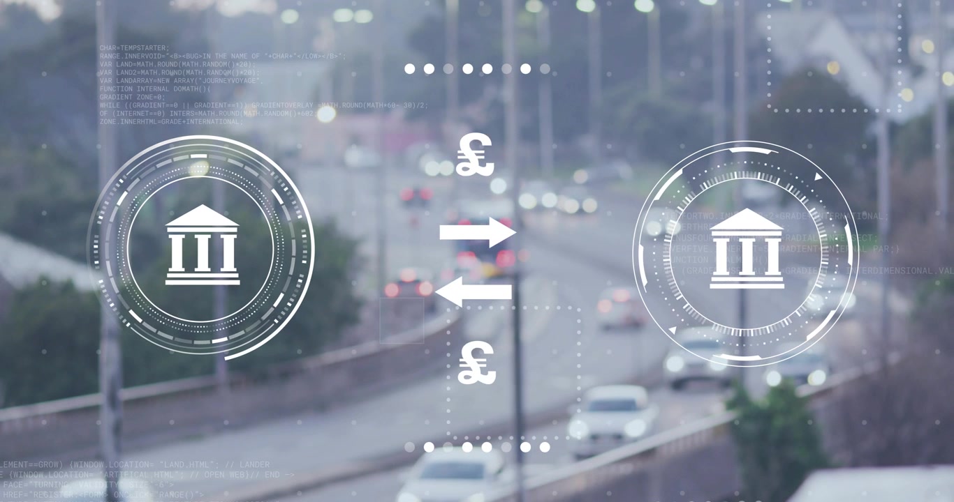 Finance HUD on play, cycling £¥€$ pulsing bank icons and arrows over road for transfer monitoring