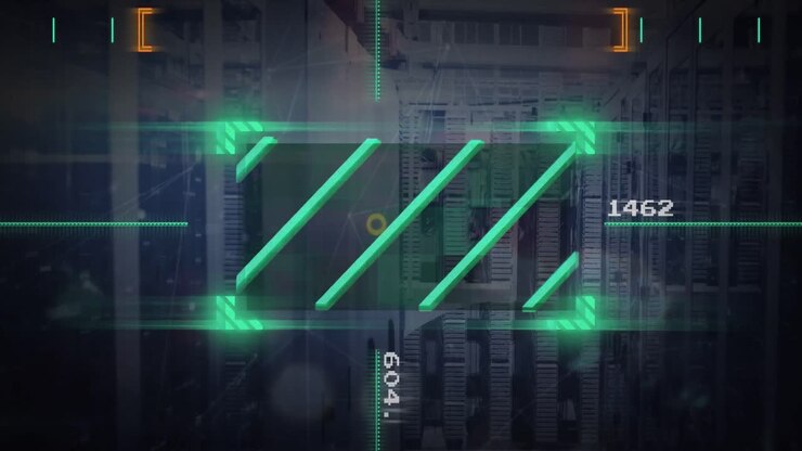 Animation af linjer i søger og skiftende tal over dataserversystemer i et serverrum.