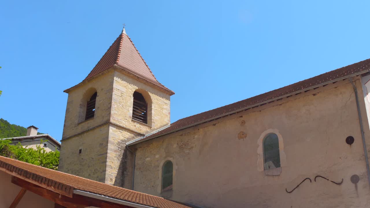 Low angle shot capturing old architecture of buildings at Quaint village in the Rhones Alpes region of Glandage, France
