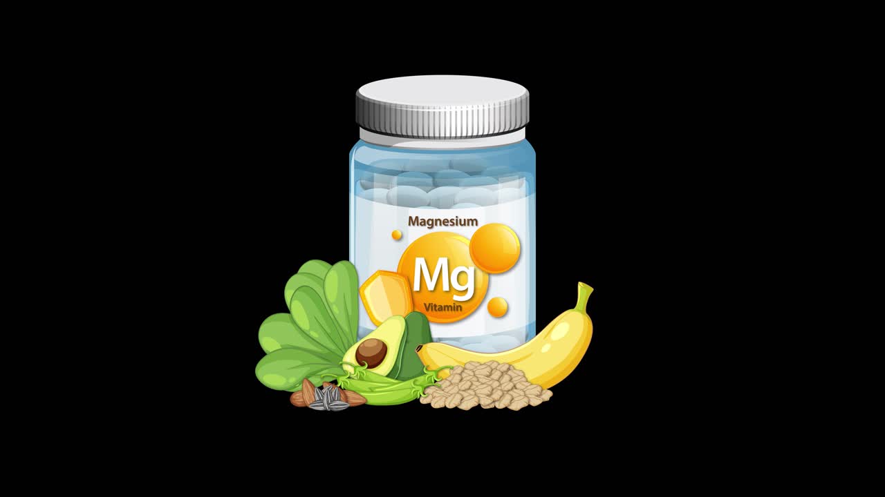 Magnesium supplement bottle transitions to include leafy greens, banana, seeds, and nuts on black background