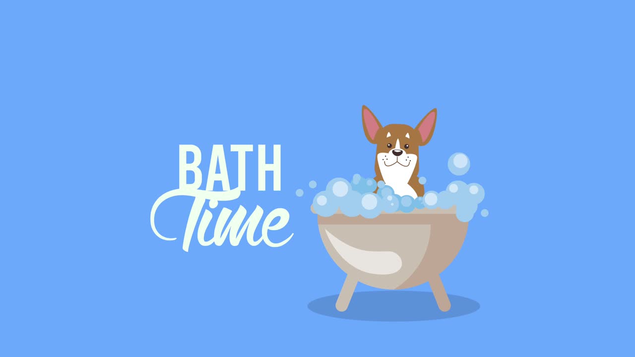 욕조 에 있는 귀여운 개 와 함께 목욕 시간 글자