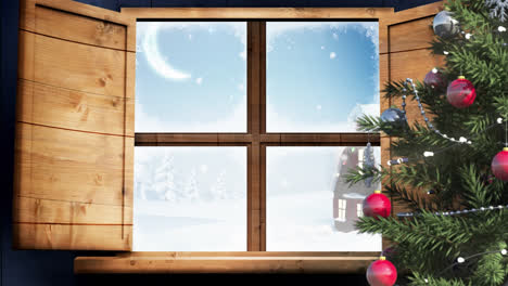 Animation-Einer-Winterlandschaft-Mit-Weihnachtsdekoration,-Gesehen-Durch-Ein-Fenster