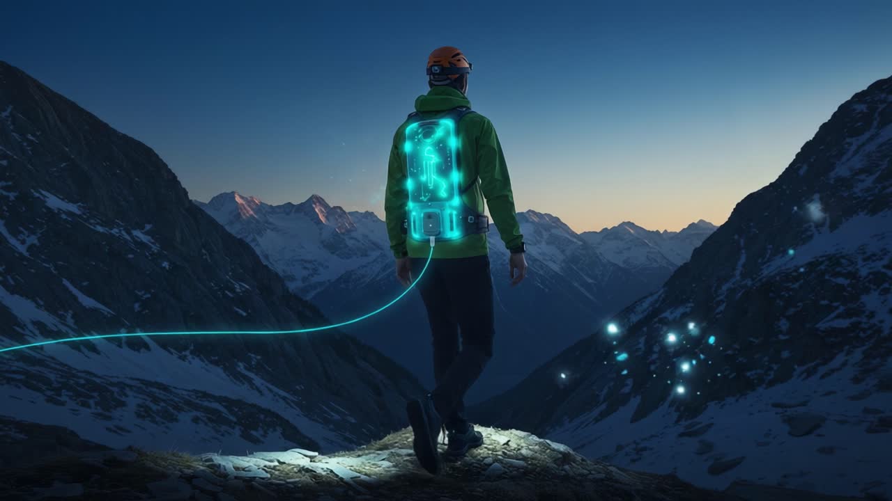 Exploring the Majestic Mountains: A Hiker with a Glowing Backpack Embarks on an Adventurous Journey at Dusk, Illuminating the Path Ahead in the Serene Wilderness