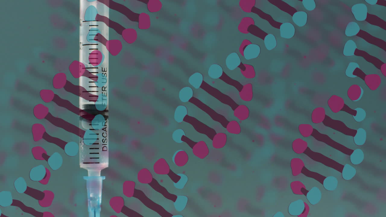 Animation of dna strands over syringe on grey backgroud