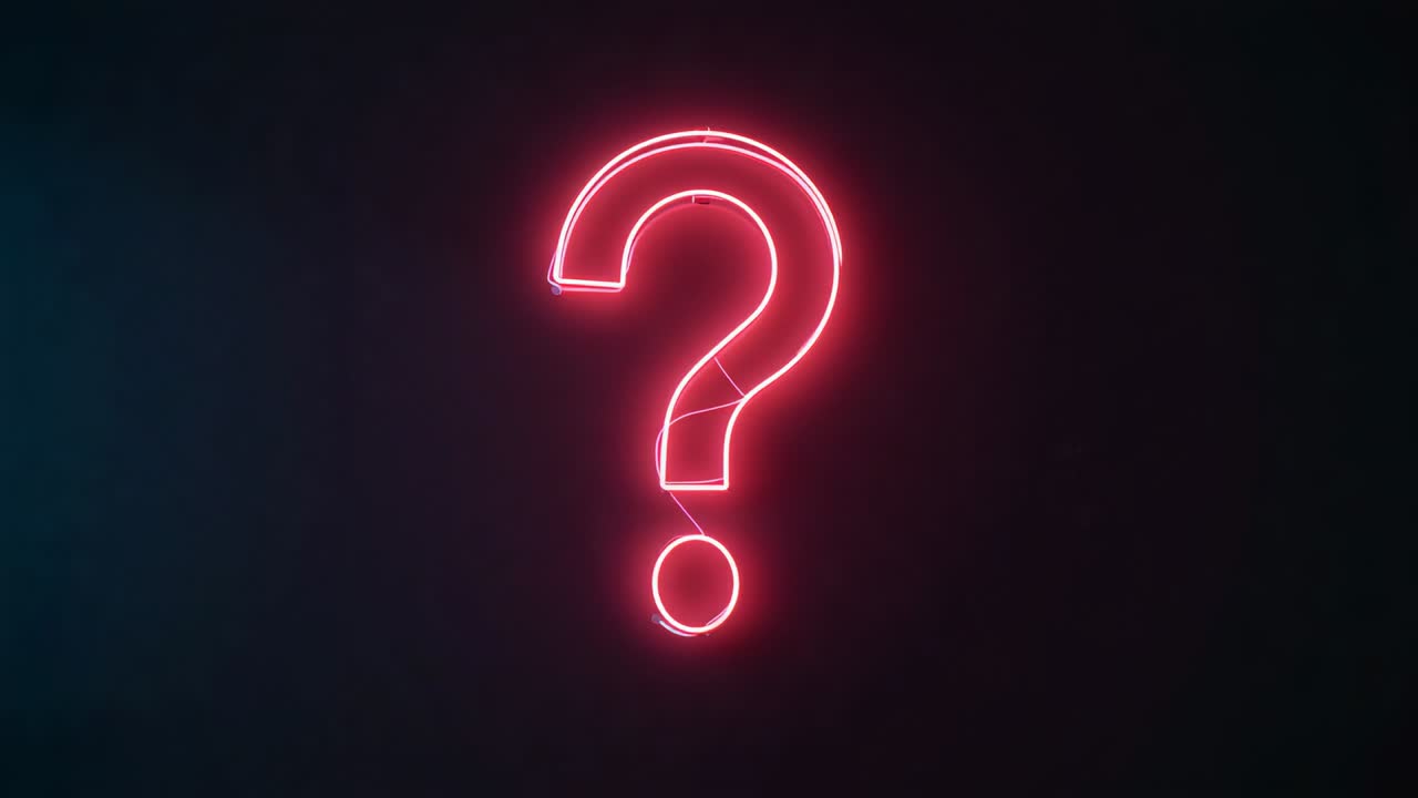 Powering sign on, red neon question mark sign flickering and pulsing brightness in dim studio