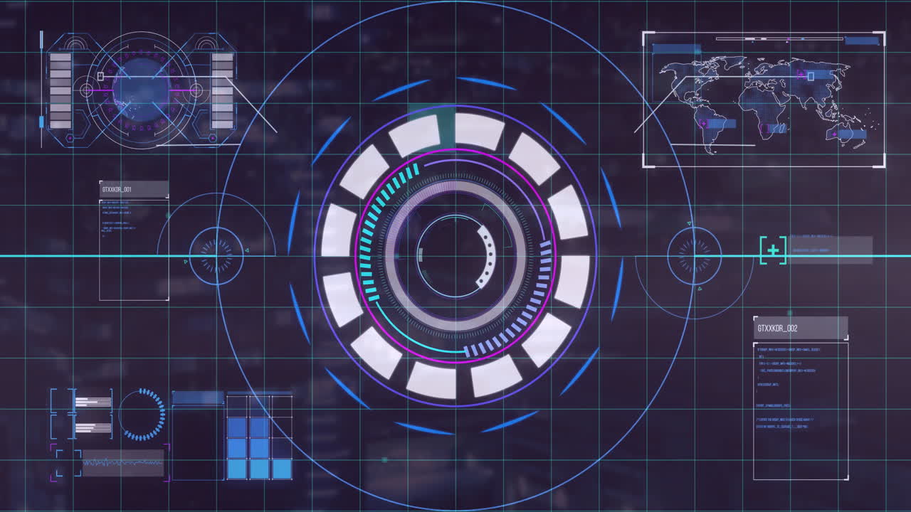 procesamiento de datos futuristas, interfaz digital con elementos circulares y de cuadrícula