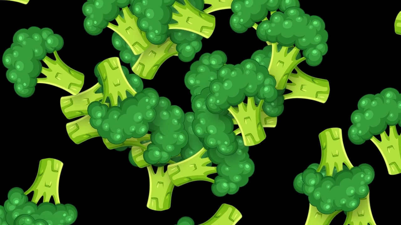 Cimette di broccoli verdi cadono verticalmente in un ciclo continuo su uno sfondo scuro