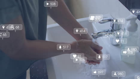 Washing-hands-in-sink-with-social-media-notifications-animation-over-scene