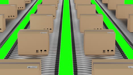 rows of cardboard packing boxes moving on conveyor belts with green screen background