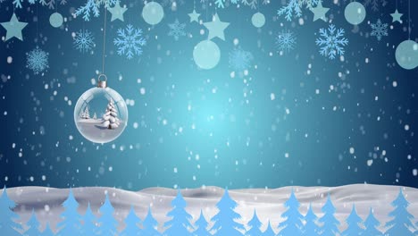 Hanging-decorations-and-multiple-christmas-tree-icons-against-snow-falling-over-winter-landscape