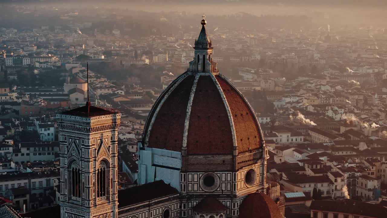 Close orbit of Florence Duomo dome with sunrise light and shadow