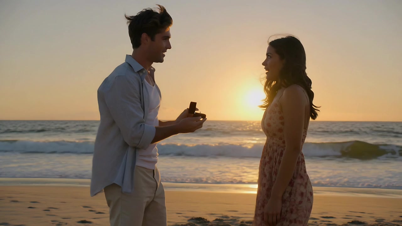 Stopping man in shirt presenting ring box to woman in sundress on shore proposing marriage