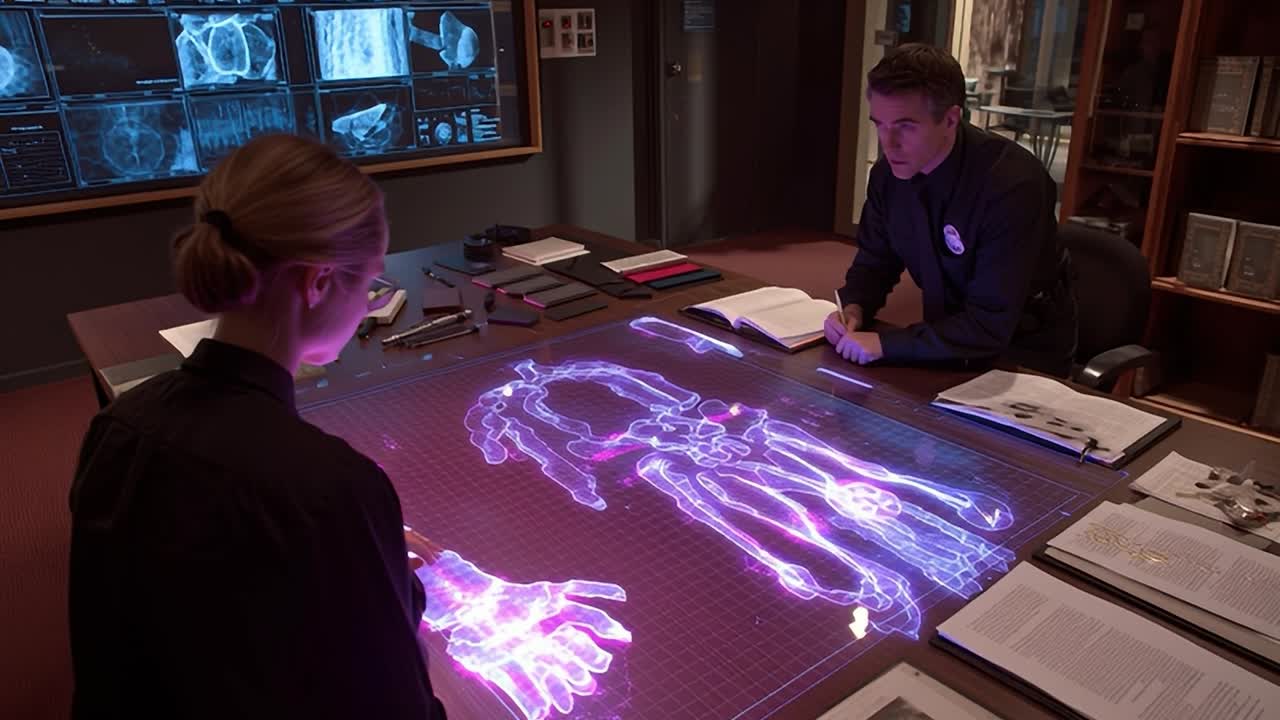 Medical professionals analyze holographic data in a futuristic setting