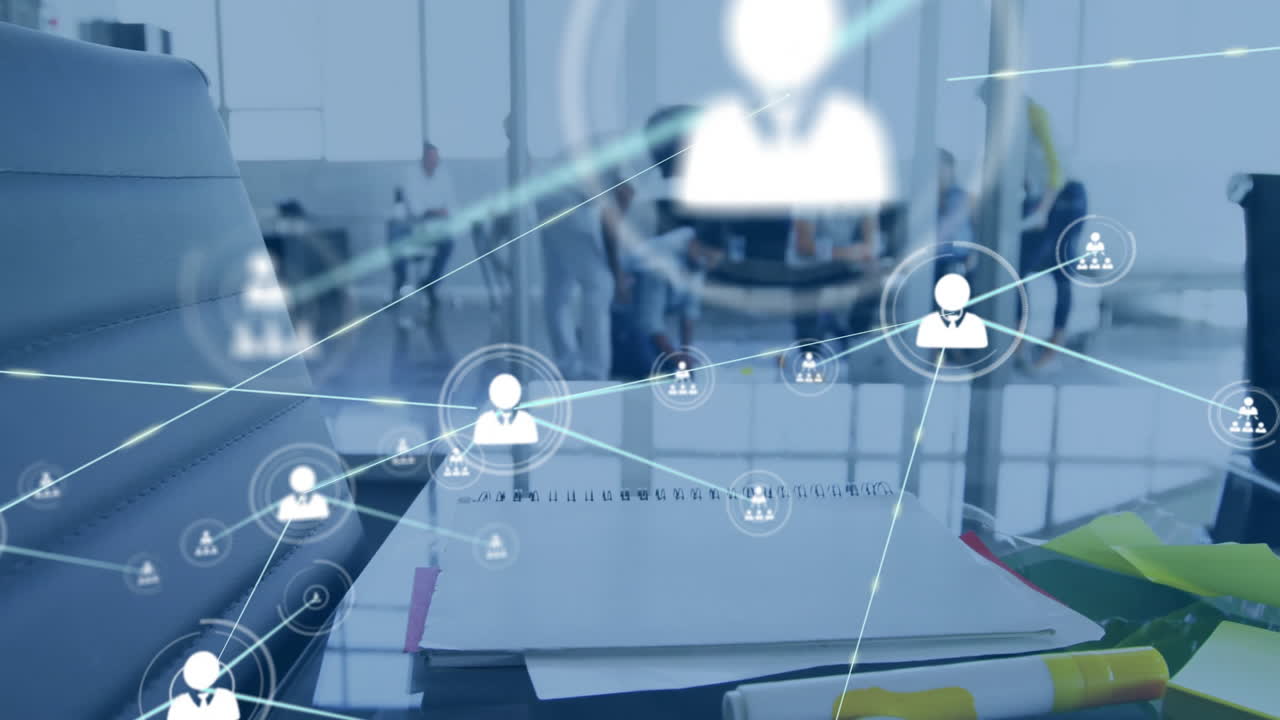 Animation of network of connections with icons over diverse business people in office