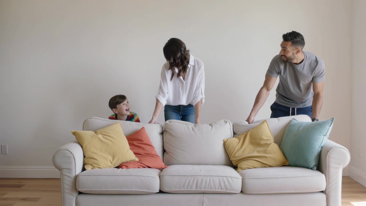 Walking couple in grey tee, white top at home causing child emerging behind light sofa, laughing