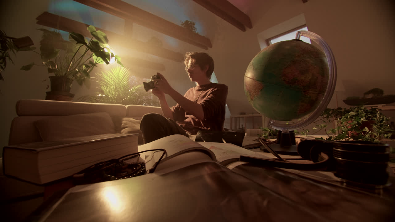 Man with Vintage Camera and Globe in a Cozy, Plant-Filled Room