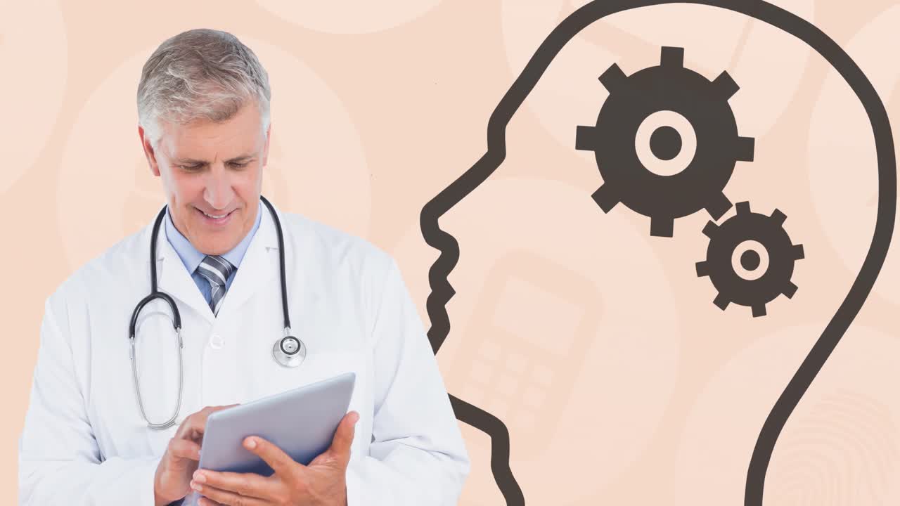 animación de un médico masculino caucásico y una cabeza con icono de engranajes sobre iconos