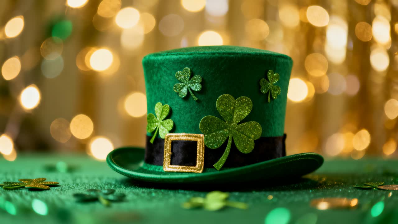 Showing camera zooming revealing St Patrick hat with glitter shamrocks gold buckle on green table