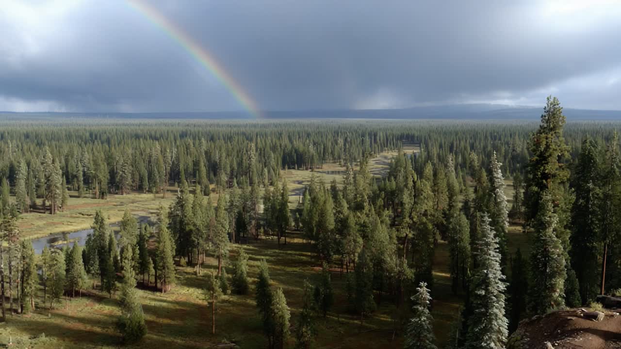 A Breathtaking View of Lush Forest Landscape Under a Rainbow, Capturing the Serenity and Beauty of Nature, Perfectly Framed in Two Stunning Video Frames