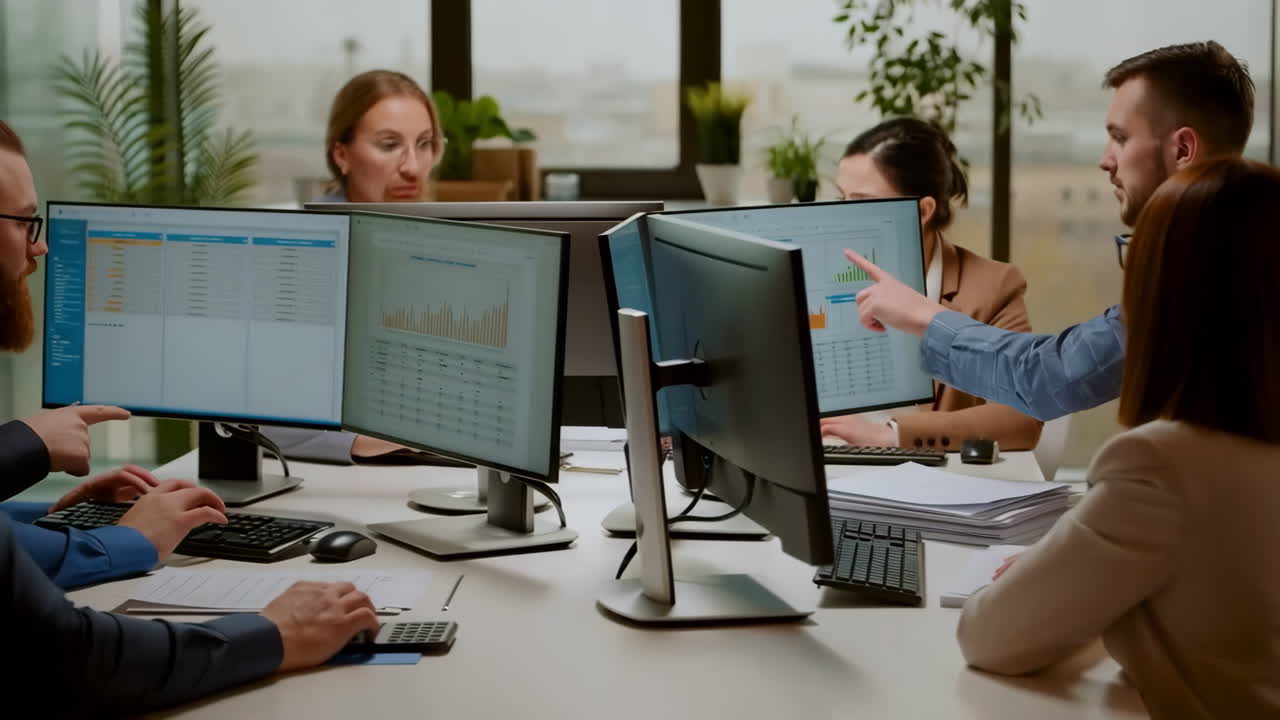 Business Team Collaborating on Data Analysis in Modern Office