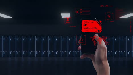 visualización de alertas de amenazas de ciberseguridad animación, persona con teléfono inteligente en la sala del servidor