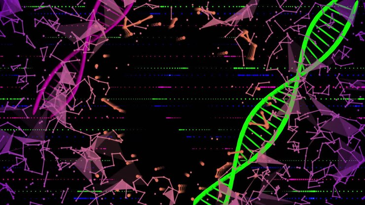 Animazione di filamenti di DNA e forme geometriche con codifica digitale sullo sfondo.