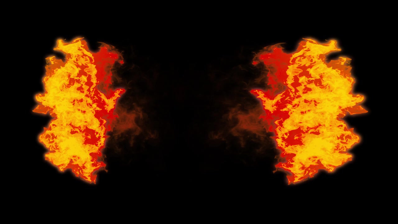 Symmetriske ildflammer udvidende og falmende på sort baggrund