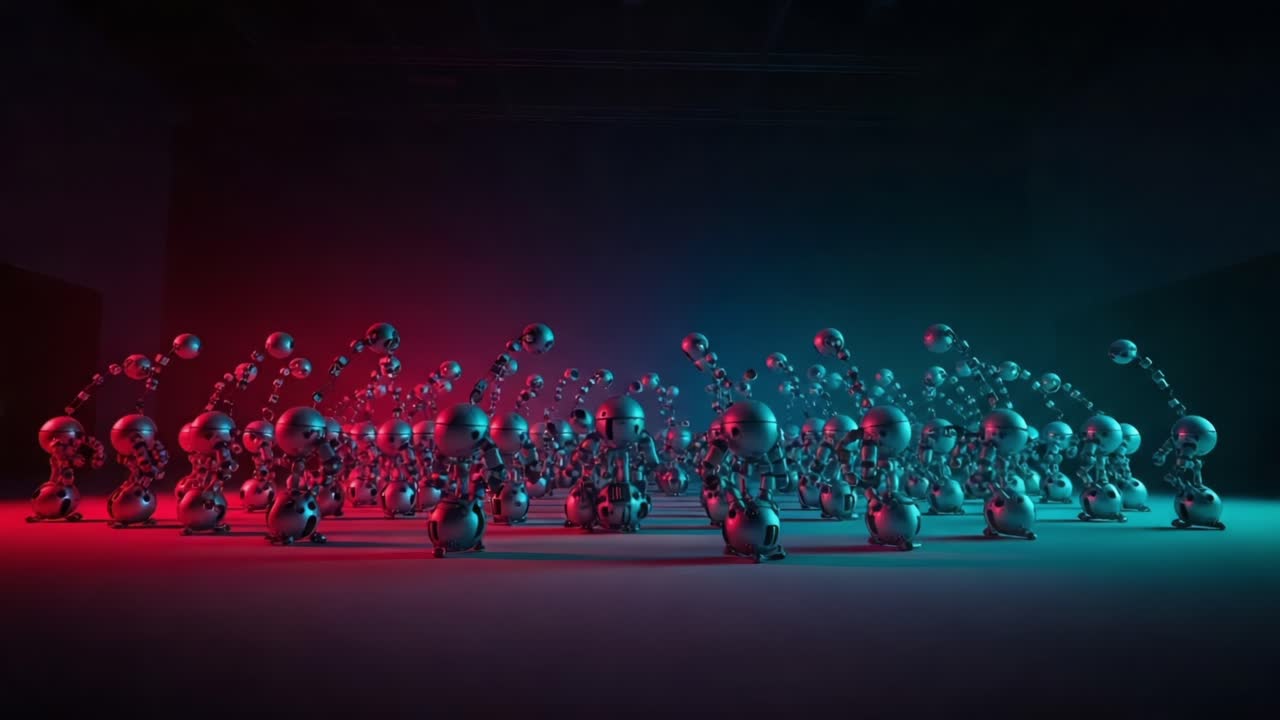 A Dynamic Assembly of Metallic Characters in Vibrant Lighting, Creating a Mesmerizing Display of Form and Motion, Representing Unity and Collective Expression