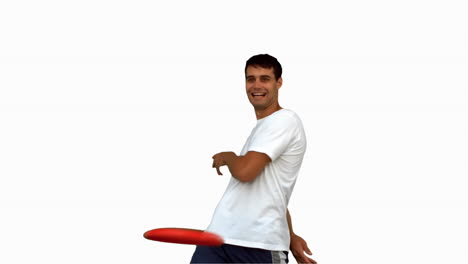 Man-throwing-a-frisbee-on-white-screen-