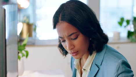 Thinking,-computer-and-business-woman-in-office