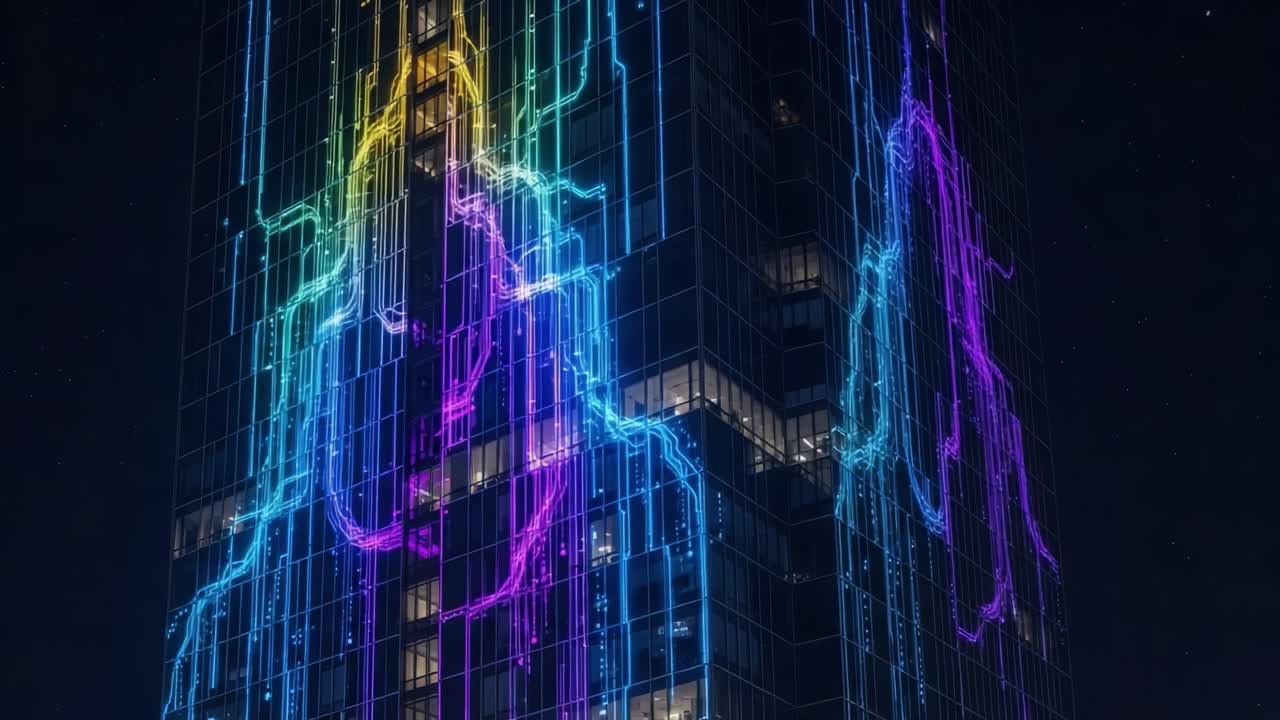 Illuminated Building Art: Captivating Colorful Light Display on Skyscraper Captured in Two Stunning Frames Showcasing Dynamic Patterns and Vibrant Energy at Night