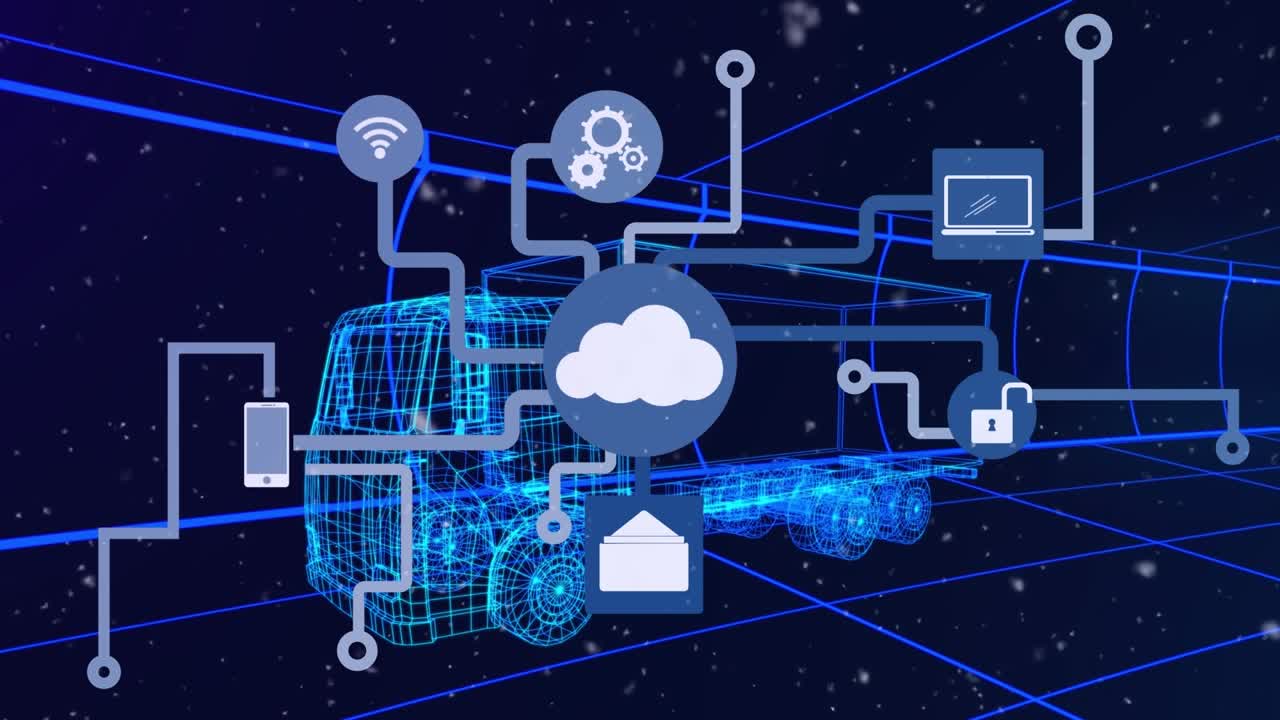 Animazione di neve che cade e rete di connessioni su un camion digitale su sfondo nero