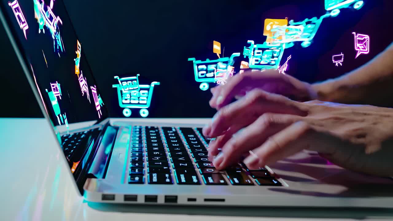 Hands typing on a laptop with digital shopping cart icons