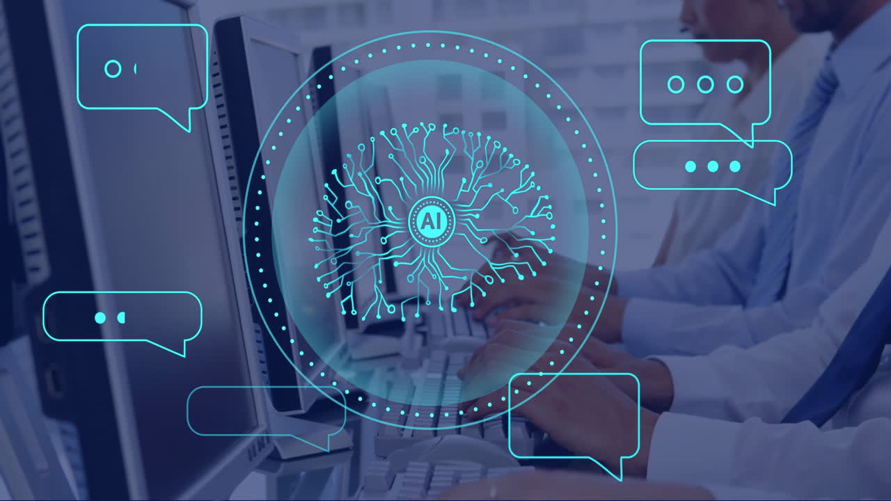 animación de procesamiento de datos de ia y cerebro sobre diversas personas que utilizan computadoras
