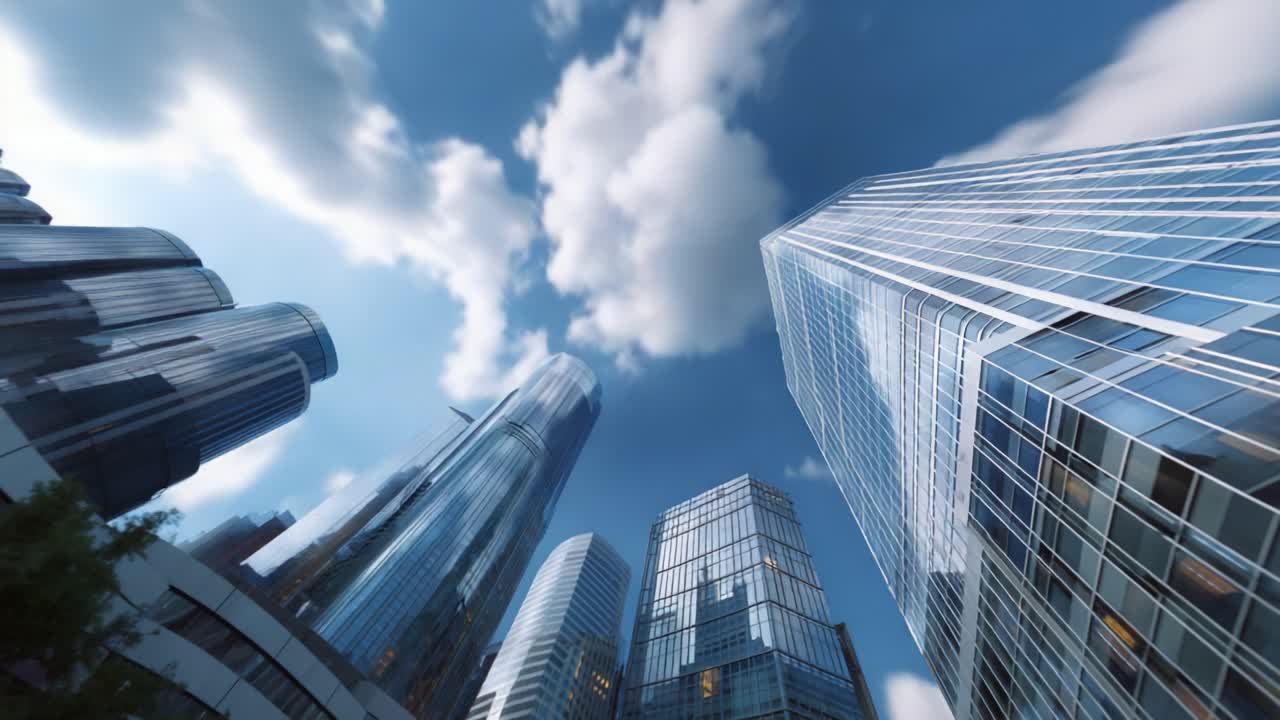 Fantastiske arkitektoniske skyskrabere mod en klar himmel med dynamiske skybevægelser, der fremhæver moderne bylandskaber og innovative strukturer